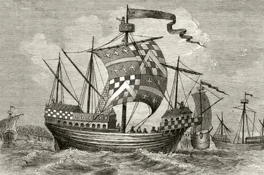 Um navio de guerra do século 15, de "A História Nacional e Nacional da Inglaterra", de William Hickman Smith Aubrey (1858-1916) publicou Londres, c.1890