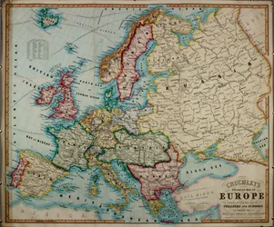 Um mapa colorido da Europa do século XIX, compilado para utilização em colégios e escolas.