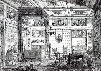 Um quarto de cama, de &39;The House-Furnisher e Decorator, 1 de dezembro de 1872