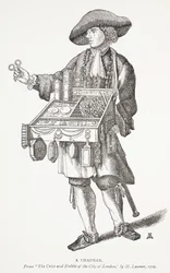 Um Chapman, dos gritos e dos hábitos da cidade de Londres por M. Lauren, 1709, ilustração do frontispiece dos Chap-livros do século XVIII por John Ashton, bar. 1882