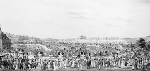 Uma Representação Correta da Empresa Indo e Retornando da Sala de Sua Majestade no Palácio de Buckingham, publicado por G, Humphrey, 25 de maio de 1822