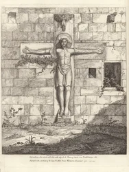 Um crucifixo na parede exterior do corredor da Cruz do Sul da Igreja de Rumsey
