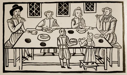 Uma refeição familiar, c.1600 (foto sépia)