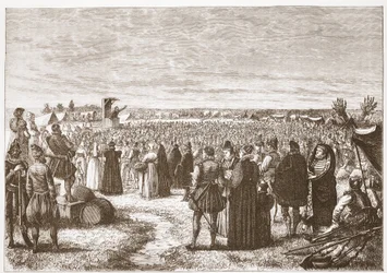 Um campo que prega perto de Ghent, ilustração da história do protestantismo por James Aitken Wylie (1808-1890), bar. 1878