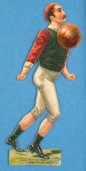 Um ponto final, recorte de um jogador de futebol, anos 1880-90