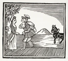 Um cavalheiro que vai consultar com a mamã Bunch, ilustração dos Chap-livros do século XVIII por John Ashton, bar. 1882