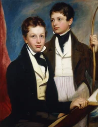 Um retrato de grupo dos Musgrave Morris Boys, um sentado a metade do comprimento em uma jaqueta escura, segurando um livro, o outro de três quartos de comprimento em uma jaqueta escura, segurando um arco, c.1830