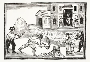 Um homem que sega da grama com um Scyth, que tomou tudo antes dele, ilustração dos Chap-livros do século XVIII por John Ashton, bar. 1882