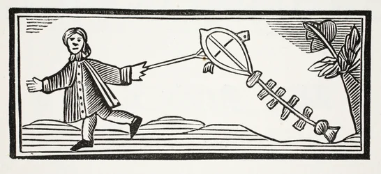 Um papagaio de papel que monta o ar elevado, ilustração dos Chap-livros do século XVIII por John Ashton, bar. 1882
