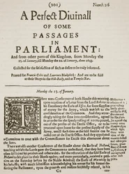 Um Perfeito Diurno, fac-símile da Primeira Página da Edição 26, 1643, ilustração da História Ilustrada de Cassells da Inglaterra (foto em sépia)