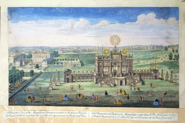 Uma vista em perspectiva da estrutura magnífica erguida no Green Park para o Royal Fireworks, 1749