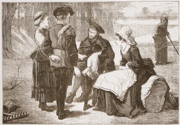 Um trabalhador protestante de Meaux lendo as Escrituras para seus amigos, ilustração da História do Protestantismo por James Aitken Wylie (1808-1890), pub. 1878
