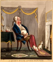 Um cochilo tranquilo após o jantar, impressão feita por H. Pyall, c.1827-33 (gravura colorida à mão)