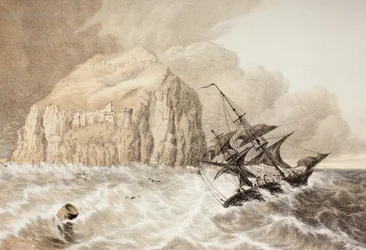 Um naufrágio contra Bass Rock, Firth of Forth, de "The Scots Worthies de acordo com a segunda edição de Howie, 1781", de John Howie (1735-93) publicado em 1879