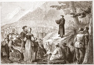 Um reformador suíço que Preaching a seu rebanho no campo aberto, ilustração da história do protestantismo por James Aitken Wylie (1808-1890), bar. 1878