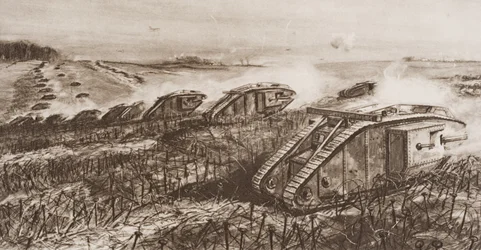 Uma ofensiva de tanques em Cambrai, França, ilustração de &39;The Outline of History&39; por HG Wells, Volume II, publicado em 1920
