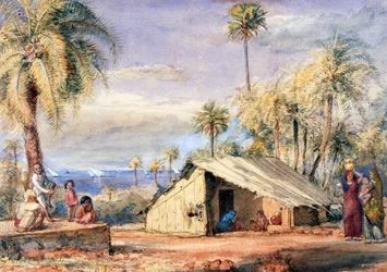 Um Toddy-Drawers Hut em um bosque de tamareiras, preside de Bombaim, Índia (wc no papel)
