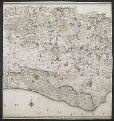 Um mapa topográfico do condado de Sussex, dividido em estupros, reitorias e centenas. Planejado a partir de uma pesquisa real por uma escala de uma polegada a uma milha terrestre