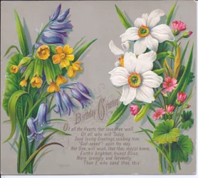 Um cartão de aniversário vitoriano com sprays de narcisos e bluebells, por volta de 1880