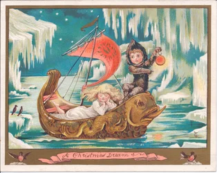Um cartão de Natal vitoriano de uma fada menina a dormir num barco de golfinhos ornamentado num mar congelado enquanto uma fada rapaz segura uma lâmpada, c.1880 (cor litho)