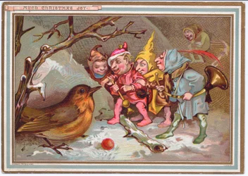 Um cartão de Natal vitoriano de um grupo de elfos carregando instrumentos musicais e olhando para um tordo confuso, c.1880