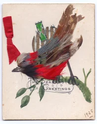 Um cartão de Natal vitoriano de um tordo feito de penas, 1925