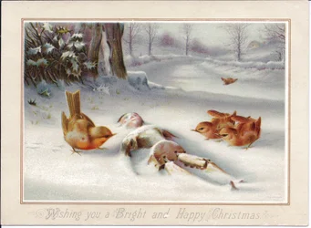 Um postal de Natal vitoriano de robbins a olhar para uma marioneta de madeira na neve, c.1880 (litografia a cores)