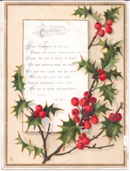 Um cartão de Natal vitoriano com um grande spray de azevinho e um verso, c.1880