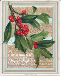 Um cartão de Natal vitoriano com um ramo de azevinho cobrindo um verso. Publicado por Marcus Ward, c.1880