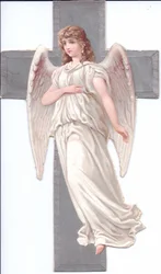 Um relevo de papel vitoriano de um anjo em frente a uma cruz, c.1880 (litografia a cores)