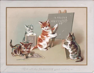 Cartão de felicitações vitoriano com um gatinho a escrever num quadro preto num cavalete, enquanto outros dois seguram pequenas ardósias nas patas, cerca de 1880