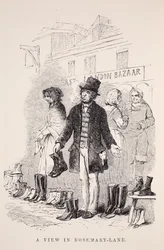 Uma vista na alecrim-pista, ilustração do trabalho de Londres e pobre de Londres por Henry Mayhew, bar. 1862