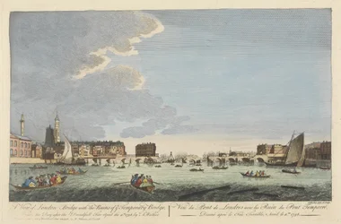 Uma vista da ponte de Londres com as ruínas da ponte temporária após o incêndio de 11 de abril de 1758 (gravura colorida)