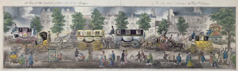 Uma vista das avenidas de Paris com as novas carruagens, 1828 (gravura a cores)