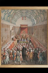 Vista da Câmara dos Lordes, gravada por Benjamin Cole (fl.1748-75) c.1755 (gravura colorida à mão)