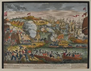 Uma vista da tomada da ilha holandesa de Curacoa nas Índias Ocidentais, 1 de janeiro de 1807, publicado por G.Thompson em 1807 (xilogravura colorida)
