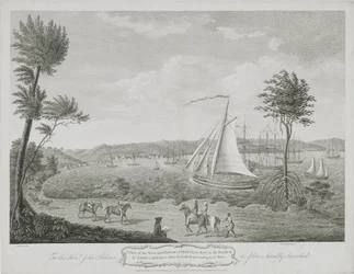 Uma vista da cidade e do porto de Montego Bay, na paróquia de St. James, Jamaica, tirada da estrada que leva a St. Ann&39;s, de "Spilsbury&39;s Views of Jamaica", 1770