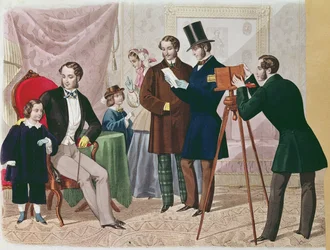 Uma visita ao fotógrafo, 1857 (gravura a cores)
