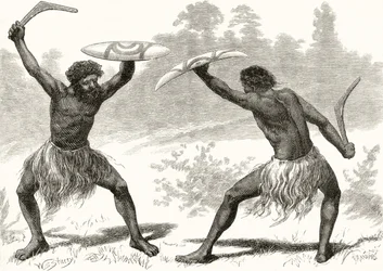 A Waddy Fight, de &39;Australian Pictures&39;, de Howard Willoughby, publicado pela Religious Tract Society, Londres, 1886