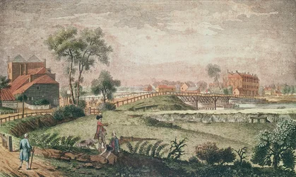 Uma visão do oeste da ponte de Chelsea, 1761 (gravura de cor)