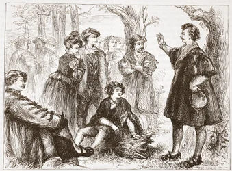 Um estudante de Wittemberg que Preaching no prado da Limão-árvore, ilustração da história do protestantismo por James Aitken Wylie (1808-1890), bar. 1878