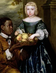 Uma jovem sendo oferecida uma cesta de frutas por um criado, c.1650