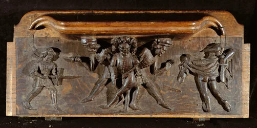 Um misericordioso danificado representando três homens lutando com adagas e espadas, New College Chapel, Oxford, final do século XIV (madeira)