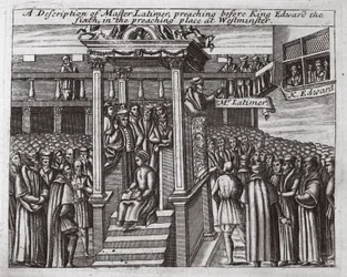 Uma descrição de Mestre Latimer, pregando antes do rei Edward o sexto na pregação em Westminster, ilustração de Atos e Monumentos de John Foxe, nona edição, pub. 1684