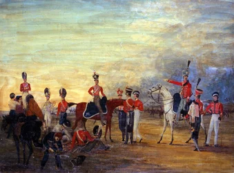 Um grupo de oficiais montados e desmontados e homens da Yeomanry de Yorkshire em várias ordens de vestimenta, c.1820