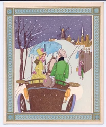 Um cartão de Natal francês Pochoir colorido à mão de um casal Rencecy em uma carruagem aberta andando pela neve, por volta de 1920