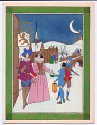 Um cartão de Natal francês Pochoir colorido à mão de uma cena de Tudor de músicos de rua sendo recompensado por seu desempenho, por volta de 1920