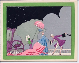 Cartão de Natal francês em pochoir, colorido à mão, de um cortesão que se curva perante uma grande dama acompanhada pelo seu criado negro, que segura um guarda-chuva para a proteger da neve, cerca de 1920