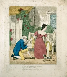 Uma cena litografada colorida à mão de um homem que propõe, c.1800