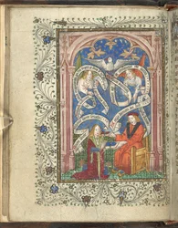 Um aluno ajoelhado, talvez representando o autor, Norton, recebendo um livro de seu mestre, com anjos, pergaminhos escritos e uma pomba acima. Ordinal da Alquimia. Thomas Norton 4º quartel do século XV